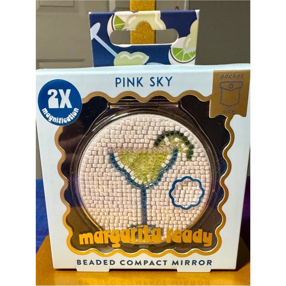 NWT Pink Sky Margarita Ready Beaded Compact Mirror 2X Magnification